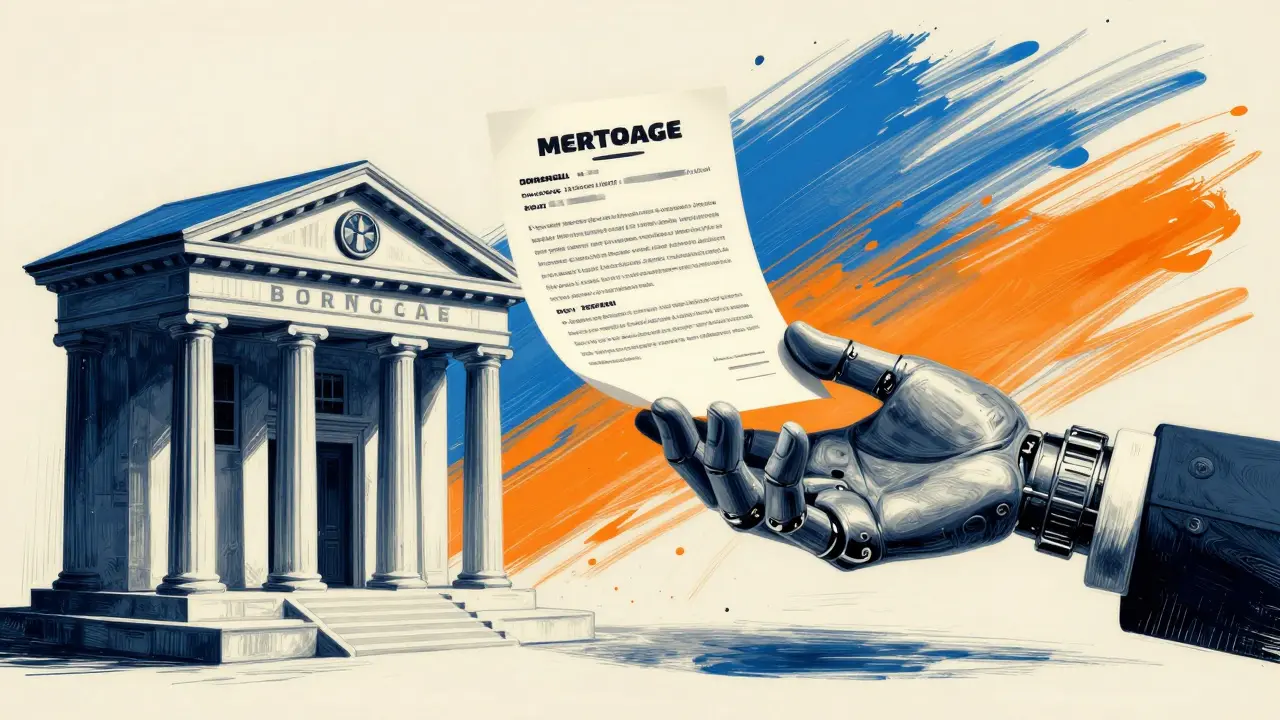 Рука забирает документ о снятии обременения у механической руки банка