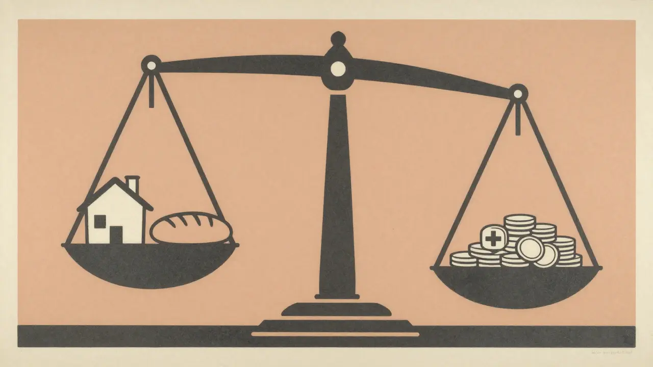 Стилизованные весы с символами жилья, еды и медицины