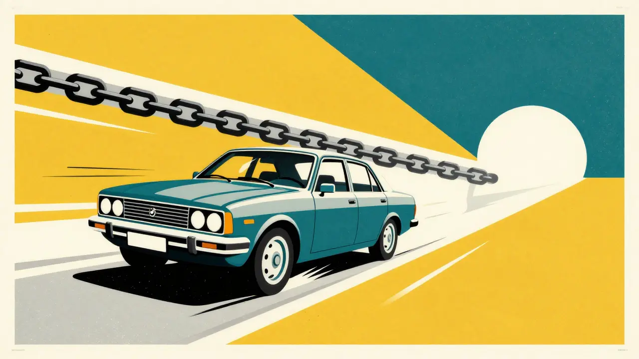 Стилизованный автомобиль, разрывающий цепи банковского залога и устремляющийся вперед