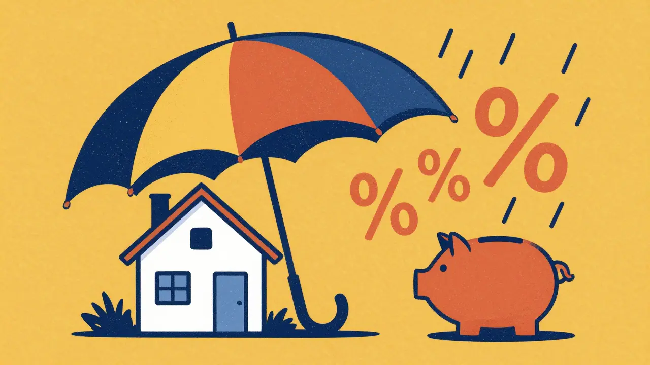 Стилизованный зонт, защищающий дом и копилку от дождя из процентов