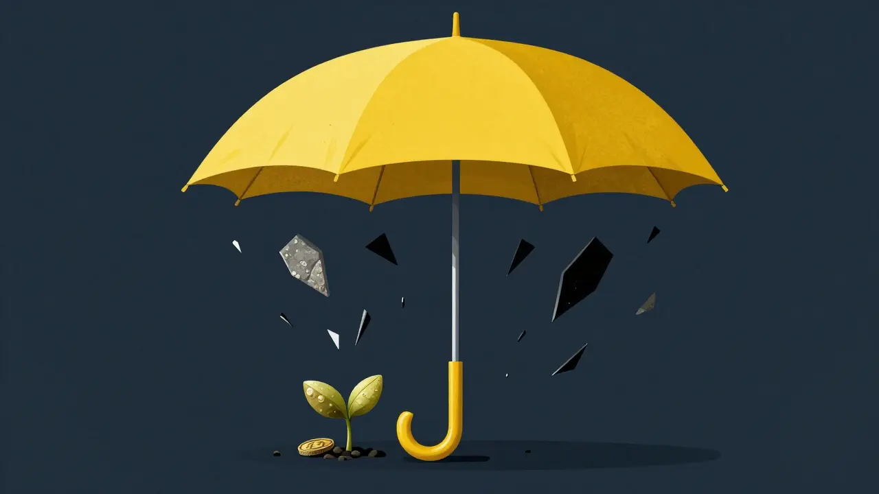 Стилизованный зонт, защищающий монету от обломков, в стиле польской школы плаката