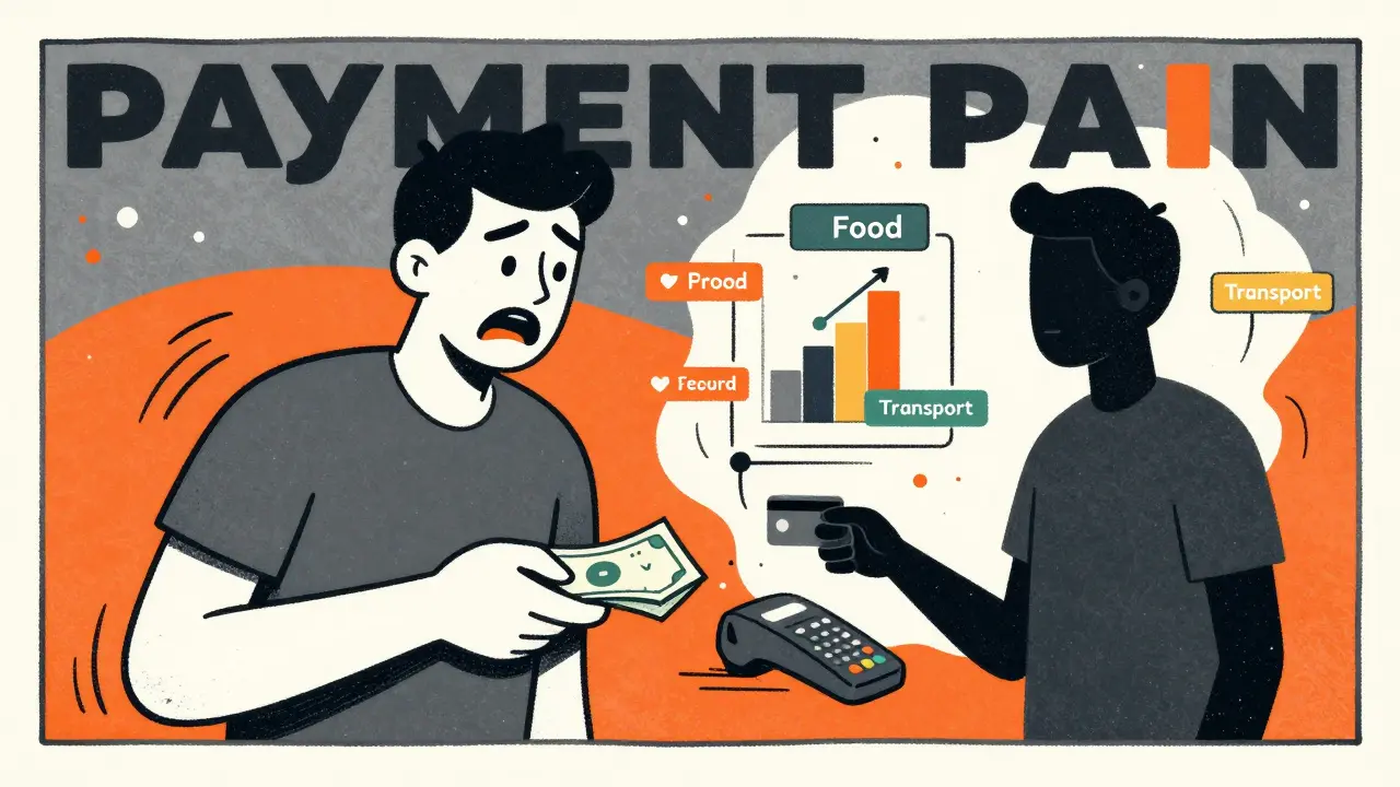 Сюрреалистичный коллаж, показывающий эмоции при оплате наличными и автоматический учет трат по карте