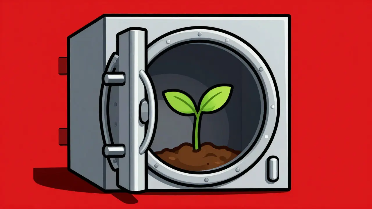 Зеленый росток, прорастающий сквозь дверь банковского сейфа