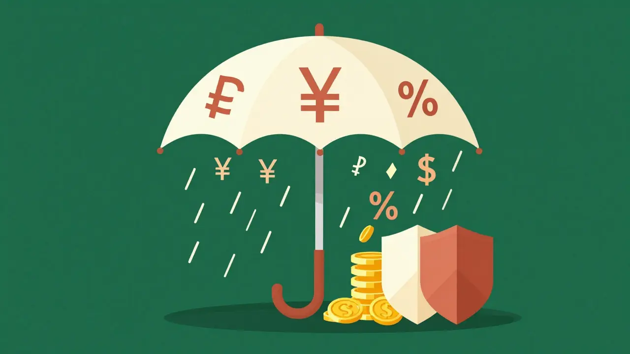 Зонт из символов валют, защищающий монеты от дождя из процентов