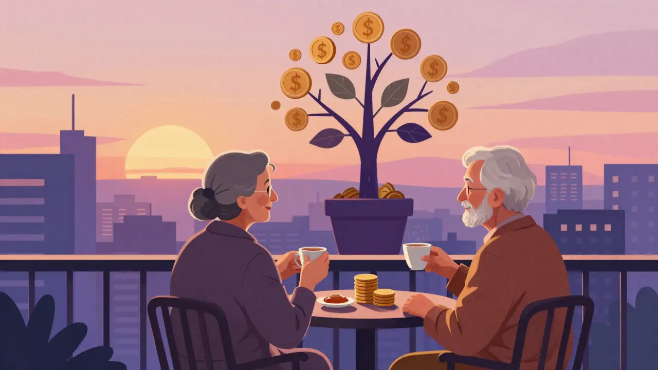 Пожилая пара на балконе с растущим деревом из монет, символизирующим накопленную пенсию